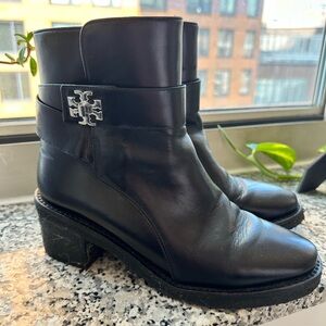 Tory Burch Black Leather Logo Strap Ankle Boots